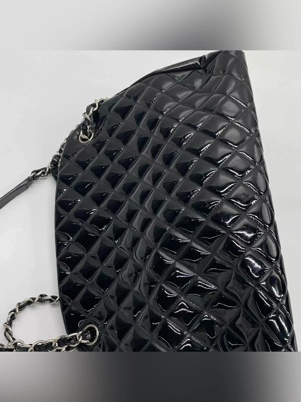 CHANEL Black Quilted Patent Shoulder Bag with Chain and CC Charm